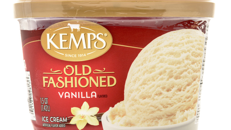 Carton of Kemps Old Fashioned Vanilla Ice Cream on white background