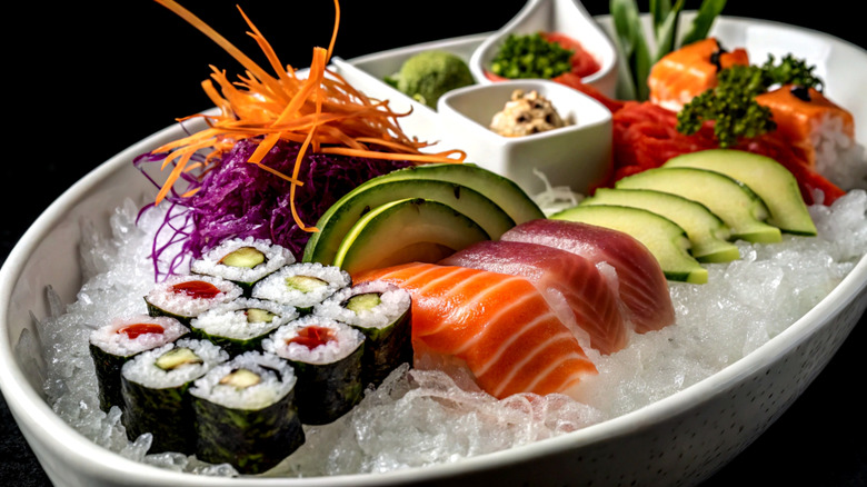 A selection of sushi served on ice