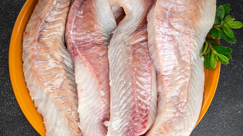 Fillets of raw white cod or halibut on an orange plate