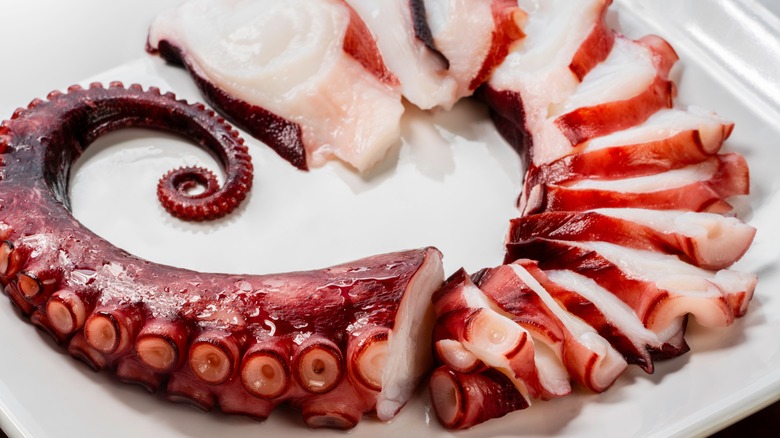 Sliced Octopus's arms with suckers in white plate