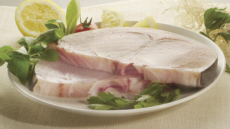 Sliced swordfish on a white plate