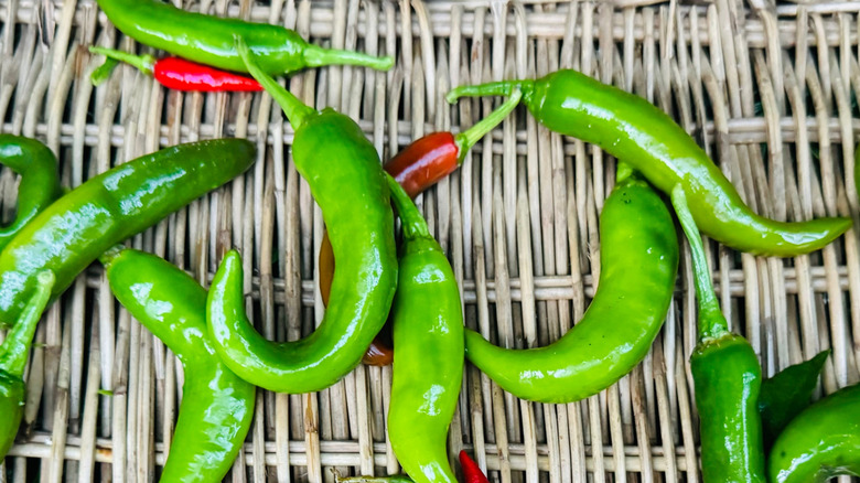 Green goat Horn peppers in basket