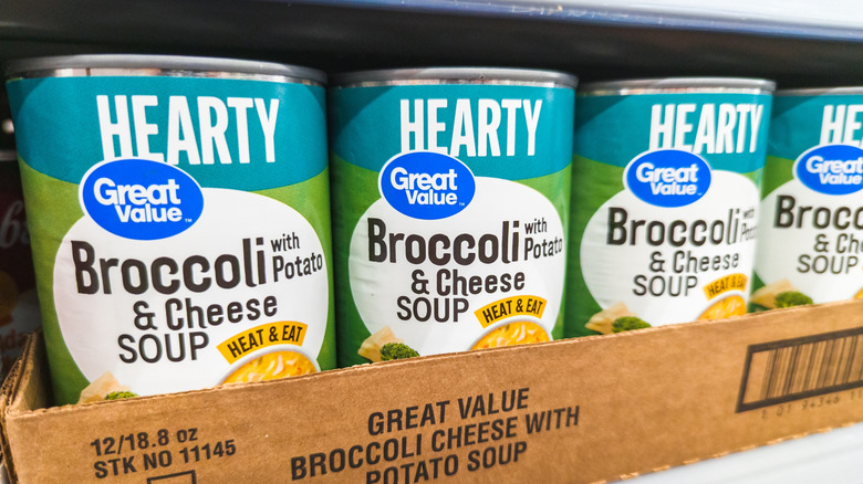 Great Value Canned Broccoli Potato and Cheese Soup Products on Shelf at Store Walmart Supercenter Grocery Food Market