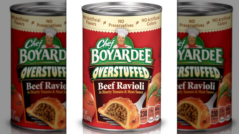 A can of Chef Boyardee Overstuffed Beef Ravioli