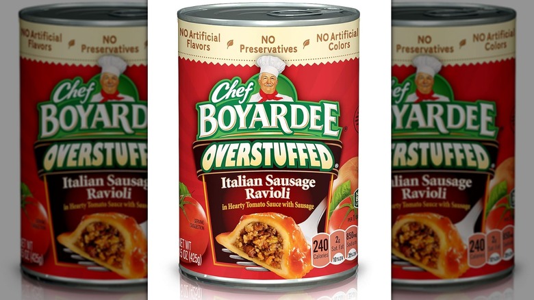 A can of Chef Boyardee Big Overstuffed Italian Sausage Ravioli
