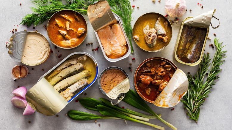 A top-down view of several kinds of open canned fish on a white surface