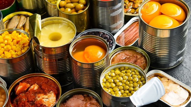 An assortment of opened cans of food on a wooden surface
