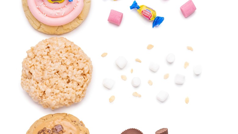 Crumbl Rice Krispies cookie on white background