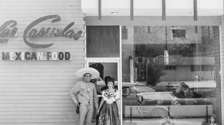 A vintage photo of the exterior of Las Casuelas restaurant