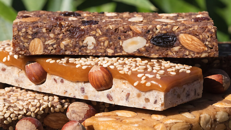 Nut-filled protein snack bars stacked on top of each other