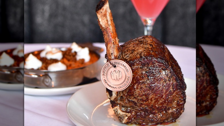 A close-up of a bone-in NY strip king cut from Del Frisco's Double Eagle Steakhouse