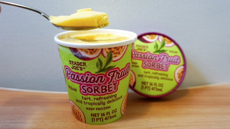 Trader Joe's Passion Fruit Sorbet pint with spoon