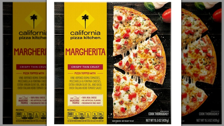 A box of California Pizza Kitchen's margherita thin crust frozen pizza