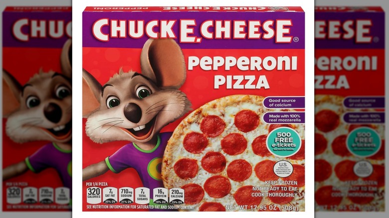 A box of Chuck E. Cheese pepperoni frozen pizza