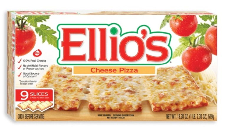 A box of Ellio's frozen cheese pizzas