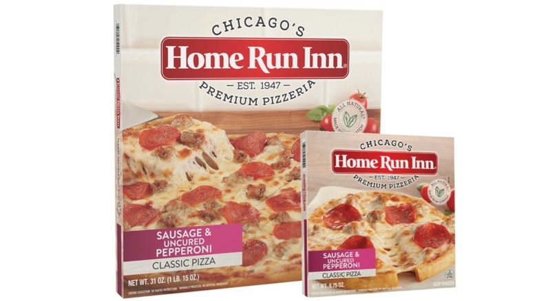 Boxes of Home Run Inn's sausage & uncured pepperoni frozen pizzas