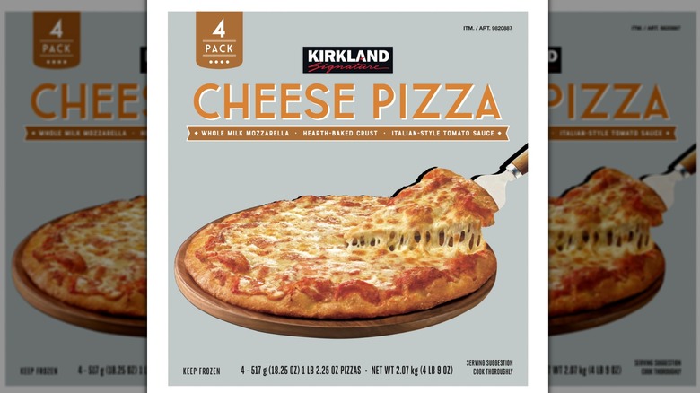 A box of Kirkland Signature's four cheese frozen pizzas