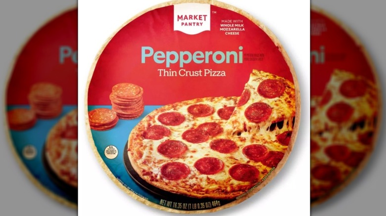 A pack of Market Pantry's thin crust frozen pepperoni pizza