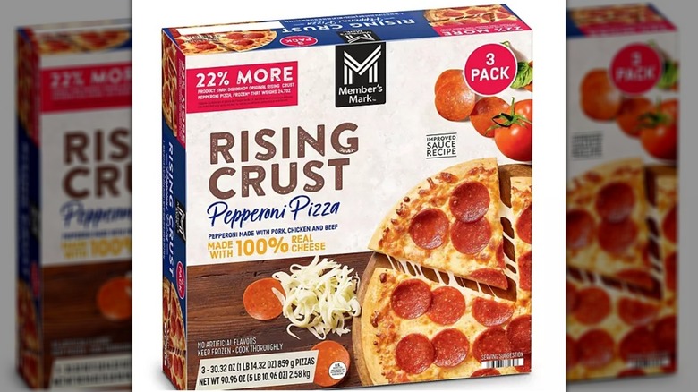 A box of Member's Mark Rising Crust pepperoni frozen pizza