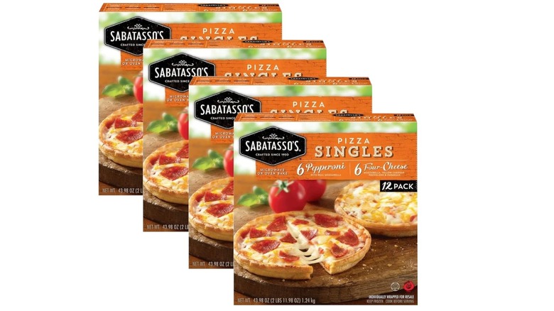 Four boxes of Sabatasso's Pizza Singles frozen pizzas