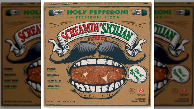 A box of Screamin' Sicilian Holy Pepperoni frozen pizza