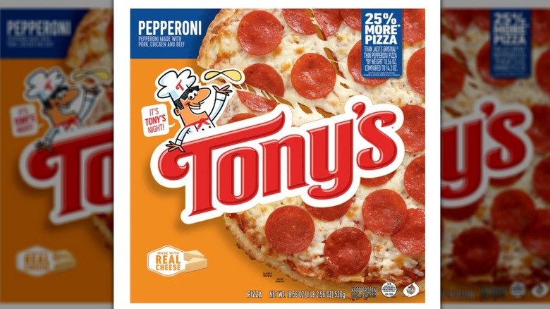 A box of Tony's frozen pepperoni pizza