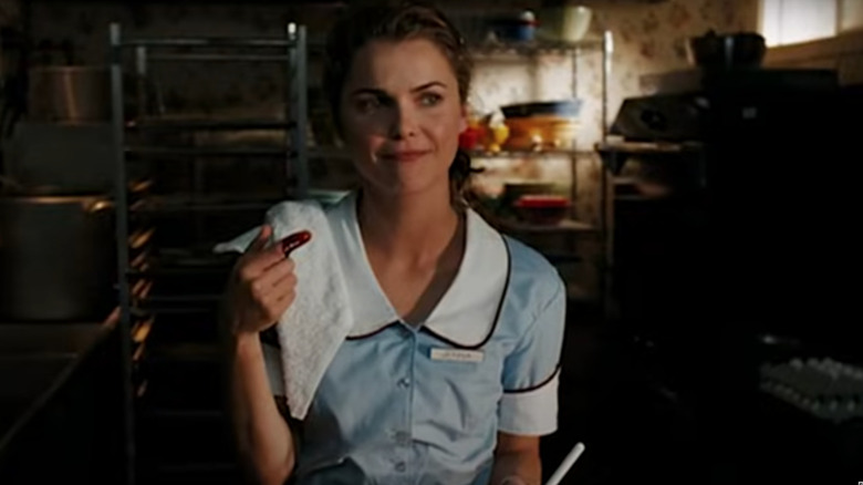 Keri Russell in waitress uniform in kitchen