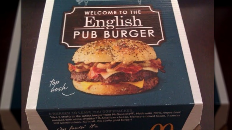 A close up of the box of McDonald's English Pub Burger