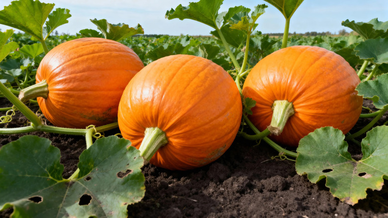 Three ripe pumpkins growing in a garden