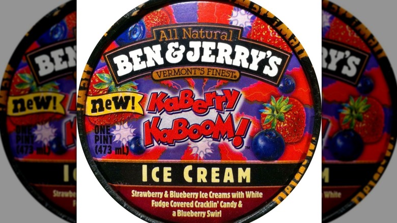 pint of Ben and Jerry's Kaberry Kaboom ice cream beside scoops in a bowl