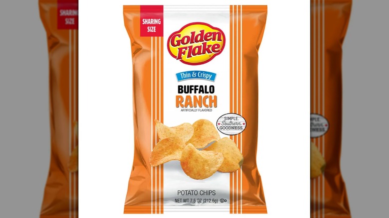 A pack of Golden Flake Thin & Crispy Buffalo Ranch chips