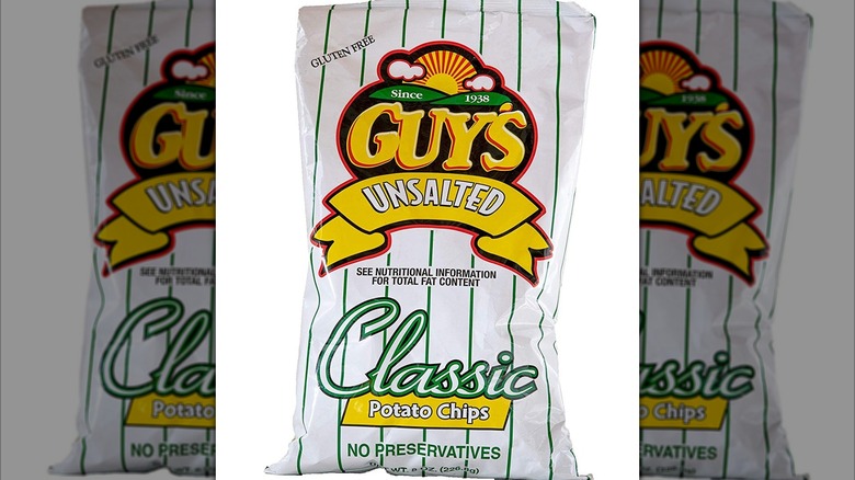 A pack of unsalted classic potato chips from Guy's Snacks