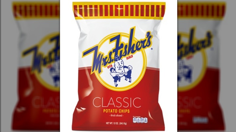A bag of Mrs Fisher's classic potato chips on a white background