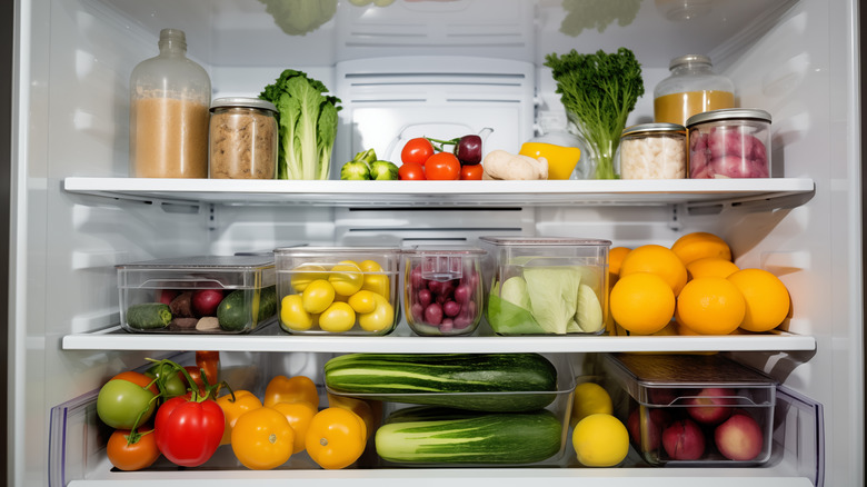 A range of foods on a fridge shelf