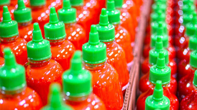 Rows of sriracha hot sauce jars with green tops