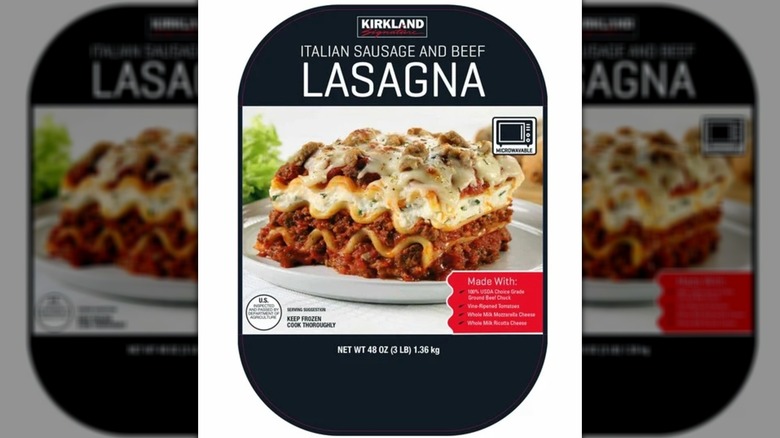 A packet of Kirkland Signature Italian Sausage and Beef Lasagna