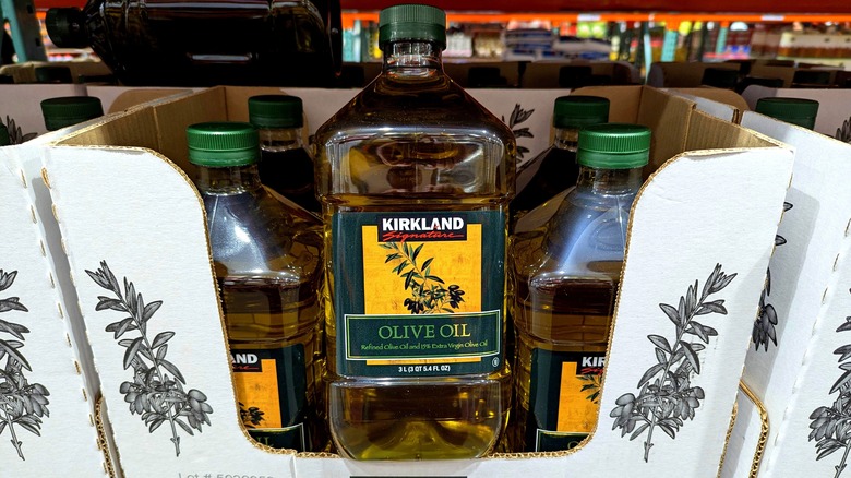 Bottles of Kirkland Signature Organic Extra Virgin Olive Oil