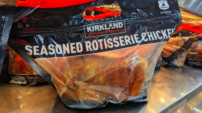 A bagged Kirkland Signature rotisserie chicken in Costco