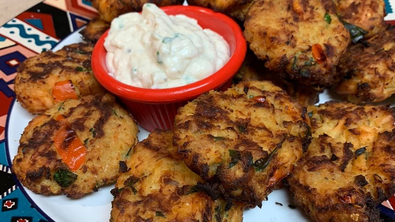 A plate of air fried salmon patties