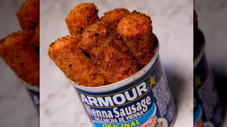 A can of Vienna sausages with air-fried ones inside