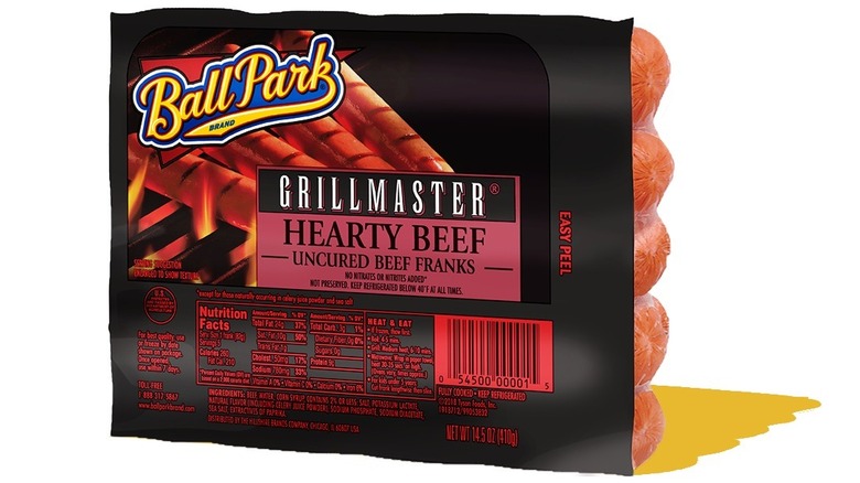 A pack of Ball Park Angus Beef Hot Dogs on a white background