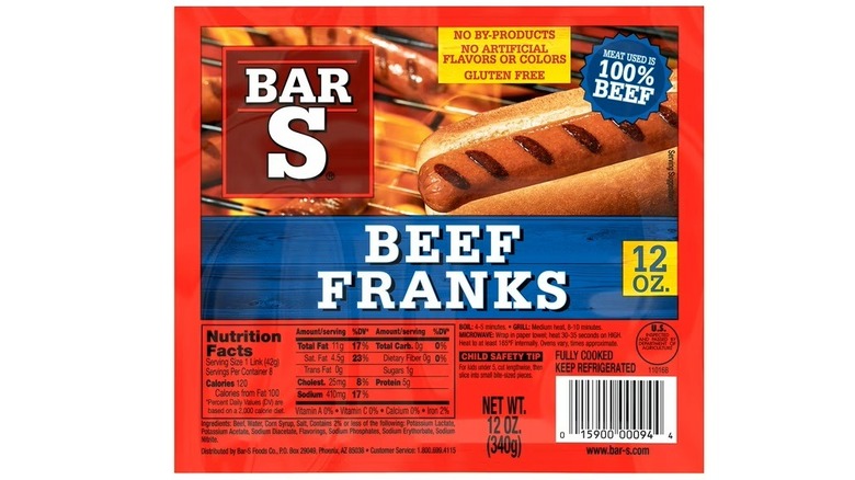A packet of Bar-S Beef Franks on a white background