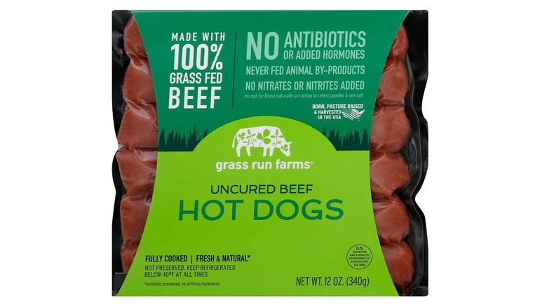 A pack of Grass Run Farms Uncured Beef Hot Dogs on a white background