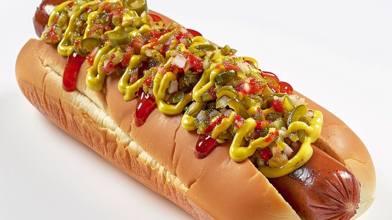 Close-up of a traditional American hot dog on a white background