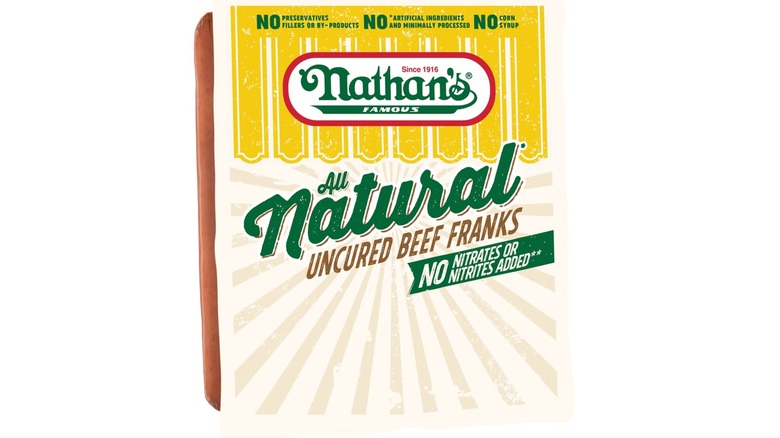 A pack of Nathan's Famous All Natural Uncured Beef Franks on a white background