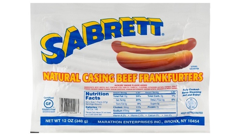 A pack of Sabrett Natural Casing Beef Frankfurters on a white background