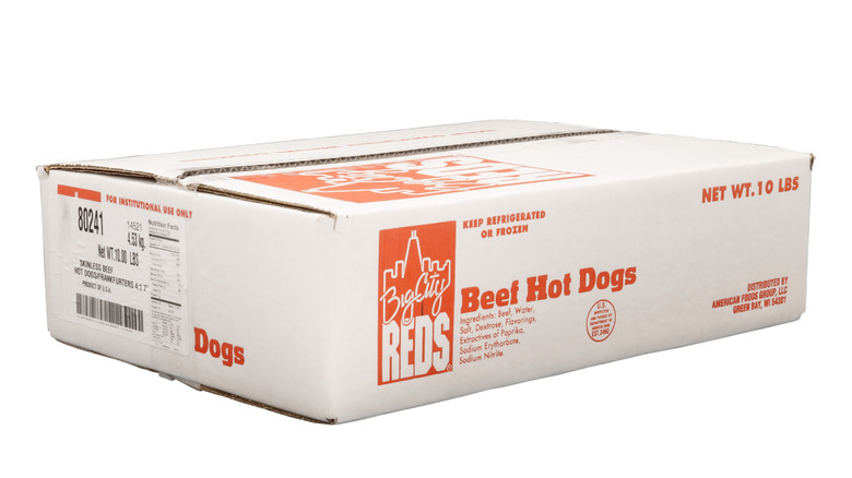 A box of Skylark Big City Reds Beef Hot Dogs on a white background