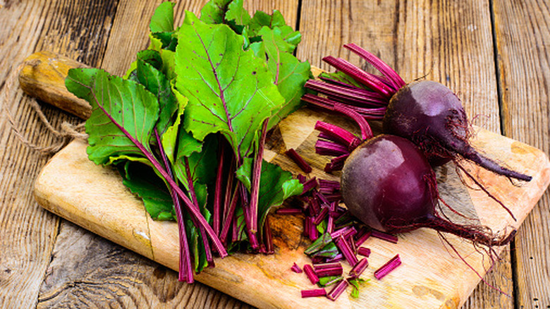 Fresh beetroot on a chopping board