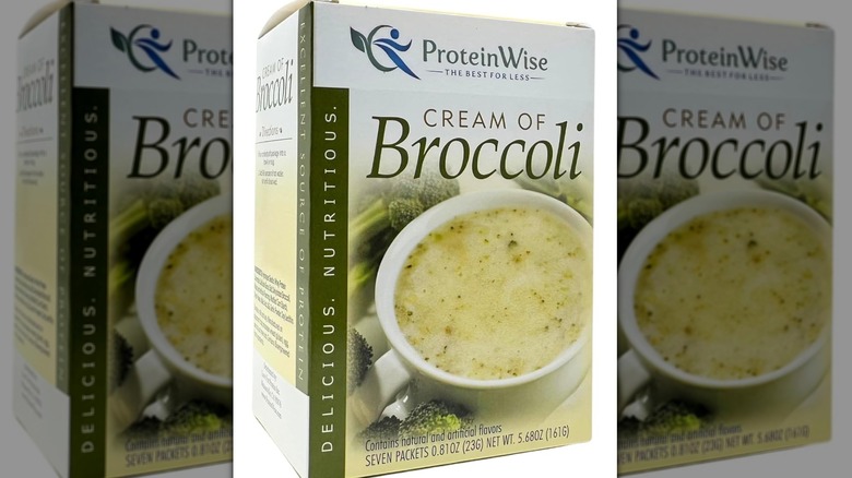 A carton of ProteinWise cream of brocolli soup powder
