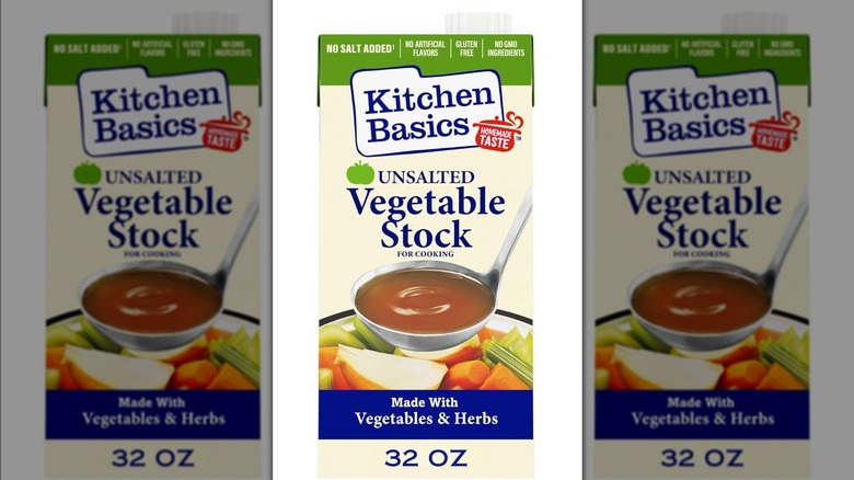A carton of Kitchen Basics unsalted vegetable stock